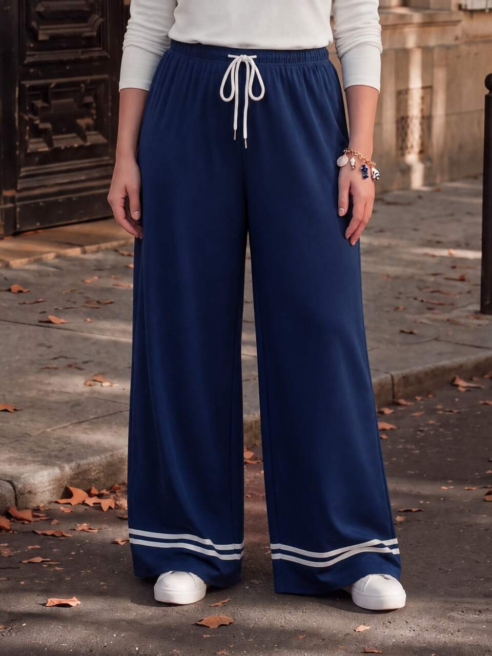 Plus Size Striped Colorblock Loose Drawstring Waist Pants Women Fall Winter Sweater Sailing Vacation Winter Clothes