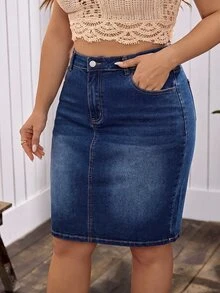 EMERY ROSE Rok Mini Denim Kasual Serbaguna untuk Wanita Ukuran Plus dengan Kantong - Biru - View 1