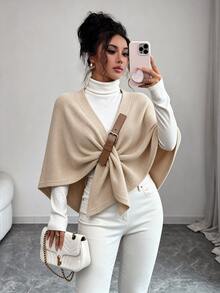 Selianne Jaket Cape Wanita Warna Polos dengan Kancing Depan, Musim Gugur/Dingin - Aprikot - View 5