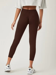 SHEIN BASICS 女款純色透氣七分緊身褲 夏季健身運動休閒穿搭 深棕色 - 棕色 - 查看 2