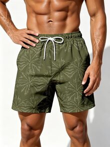 Manfinity KASUA Pantalones cortos de playa con estampado de palmeras y cintura con cordón para hombres - Verde militar - Ver 4