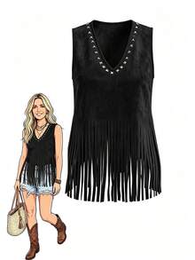 SHEIN LilyWest Women's Rivet Design Fringe Hem V-Neck Casual Tank Top - Black - View 6