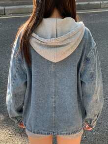 Dazy Plus Hooded Colorblock Korean Style Washed Denim Jacket And Outerwear, Spring/Autumn New Arrival For Girls - Medium Wash - View 2