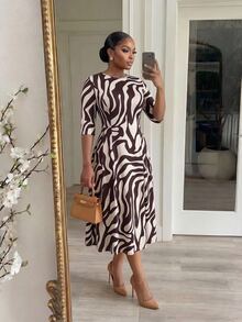 SHEIN Lady CURVE Plus Size Women's All-Over Print Casual Party Dress - Brown - View 3