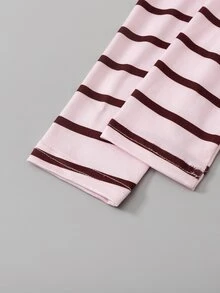 SHEIN Tween女孩條紋短袖上衣與長褲兩件套，粉色底棕色條紋圓領短版上衣，抽褶腰頭，搭配條紋長褲，適合日常上學、社區散步、短途旅行、拜訪親友 - 粉色 - 查看 7