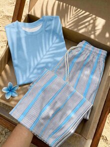 Comfortcana 2件組刺繡圓領短袖上衣與條紋印花長褲，休閒風 - 天藍色 - 查看 6