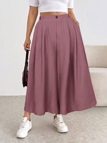Shapeblank Plus Size Women's Solid Color Waist Button Design Wide Leg Casual Pants - Red Violet - View 4