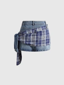 ROMWE Street Life Women's Denim Skirt, Vintage Punk Street Style Patchwork 2 In 1 Tie-Up Denim Skirt - Blue - View 2