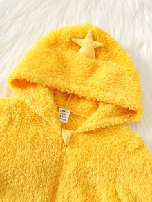 SHEIN 嬰兒男嬰女嬰保暖內裡加厚連帽長袖連身衣，附星星裝飾帽子，秋冬百搭舒適爬行服 - 黃色 - 查看 3