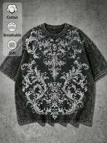 Manfinity EMRG Washed Plus Size Men's Floral Print Crew Neck Short Sleeve T-Shirt - Black - View 1
