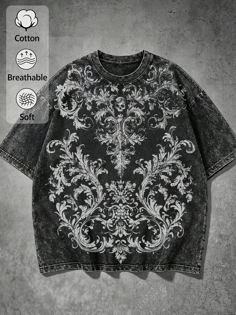Manfinity EMRG Washed Plus Size Men's Floral Print Crew Neck Short Sleeve T-Shirt - Black - View 1