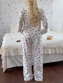 CottageSlumber Romantic Flannel Cherry Bow Print Round Neck Long Sleeve Pants Women's Pajama Set, Autumn/Winter - Multicolor - View 2