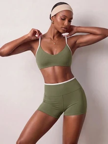 Zivah Women's Olive Green Sports Bra Shoulder Top Shorts Sportswear Set Gym Workout Activewear Outfit For Autumn Winter Workout Gym Active Modest - Multicolor - View 3