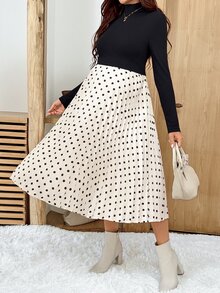 MaterniWear Maternity Patchwork Polka Dot Print High Neck Long Sleeve Nursing Dress - Black - View 4