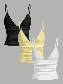 SHEIN EZwear 3件組女款休閒抓皺修身細肩帶背心，內建胸墊，適合夏季 - 彩色 - 查看 2
