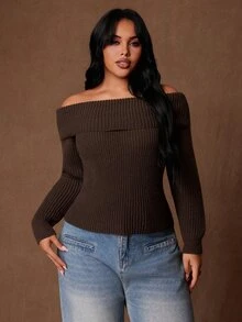 Rustia Plus Size Vintage Streetwear Off-Shoulder Long Sleeve Sweater Fall - Black - View 3