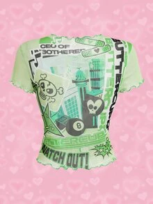 THE POWERPUFF GIRLS X SHEIN Women's Cartoon Print Top With Frill Trim - Green - View 2