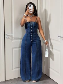BamGleam 女款時尚鈕扣寬肩帶牛仔連身褲 - 藍色 - 查看 4