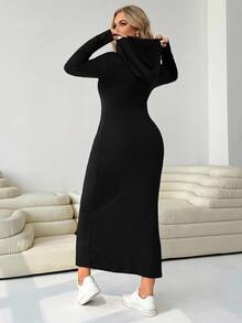 SHEIN CURVE+ 黑色休閒大尺碼女款長袖側開衩下擺連帽洋裝 秋季 - 黑色 - 查看 2