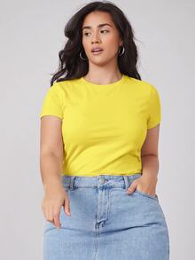 SHEIN BASICS Camiseta de Verano de Cuello Redondo Sólida Ajustada Talla Grande - amarillo ganso - Ver 3
