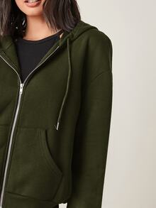 SHEIN BASICS 舒適抓絨落肩拉鍊連帽衛衣，秋冬長袖上衣 - 軍綠色 - 查看 6