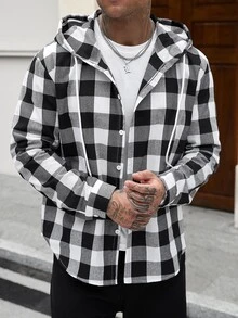 Manfinity CasualCool Men's Plaid Long Sleeve Single-Breasted Casual Drawstring Hooded Shirt - Multicolor - View 7