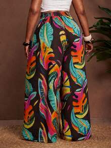 Veslaya Plus Size Tropical Plant Print Loose Wide Leg Pants Fall - Multicolor - View 2