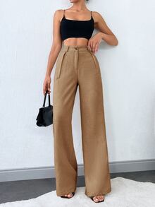 SHEIN Plus Size Women's Solid Slant Pocket Straight Leg Casual Racing Pants Office Brunch Brown Summer - Camel - View 4