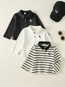 SHEIN 嬰兒男女通用 3 件組 秋冬休閒可愛保暖內裡加厚長袖 POLO 針織上衣，嬰兒冬季 Polo 衫上衣 - 黑與白 - 查看 3