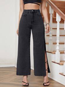 SHEIN PETITE Women's Outdoor Fashion Split Hem All Season Black Petite Jeans - Black - View 5