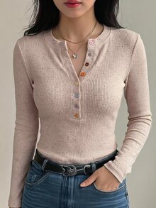 DAZY 春夏秋奶油黃彩虹彩色鈕扣裝飾修身長袖女款T恤 - 淺粉色 - 查看 6
