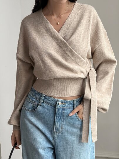 DAZY Women's Solid Color V-Neck Casual Daily Long Sleeve Sweater
