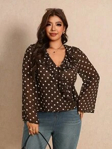 Elaquor Plus Size Women's Polka Dot Pattern Ruffle Collar Long Sleeve Fashion Blouse - Coffee Brown - View 6