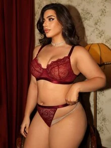 Divavoom Women's Lace Patchwork Underwire Thin Cup Comfortable Plus Size Bra & Panty Set 2pcs - Red - View 4