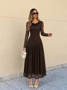 Selenza Women's Autumn/Winter Coffee Color Deep V-Neck Lace Long Sleeve Simple Elegant Dress - Brown - View 1