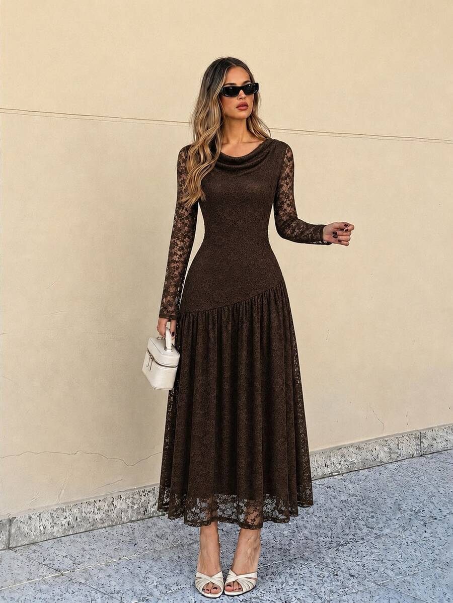 Selenza Women's Autumn/Winter Coffee Color Deep V-Neck Lace Long Sleeve Simple Elegant Dress - Brown - View 1