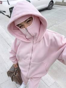INAWLY Women's Casual Versatile Solid Color Hooded Sweatshirt, Autumn/Winter - Pink - View 1