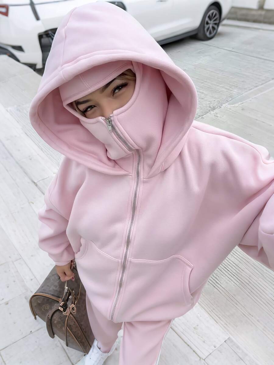 INAWLY Women's Casual Versatile Solid Color Hooded Sweatshirt, Autumn/Winter - Pink - View 1