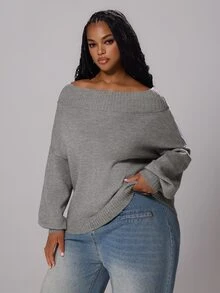 Rustia Plus Size Minimalist Fashion Long Sleeve Pullover Sweater, Preppy Style Fall - Grey - View 6