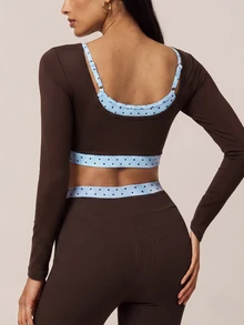 SHEIN BAE Women Brown Cross Back Open Back Long Sleeve T-Shirt Gym Workout Training Running Yoga Athletic Activewear - Coffee Brown - View 6