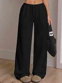 SHEIN Teen Girl Teen Girls Black Knit Drawstring Loose Casual Long Winter Pants - Black - View 4
