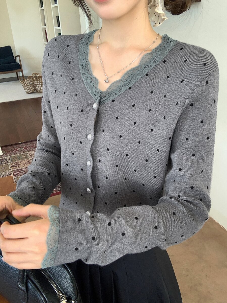 DAZY Women's V-Neck Lace Patchwork Polka Dot Casual Knit Cardigan Fall - Dark Grey - View 1