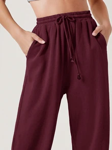 SHEIN BASICS Terry Fleece Wide Leg Drawstring Waist Pants Summer Outfit For Women - Burgundy - View 4