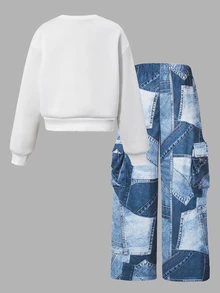 SHEIN 女童大童春秋冬季休閒兩件套 紐約字母印花立領衛衣與短褲套裝 保暖校園穿搭 適合... - 藍色 - 查看 2