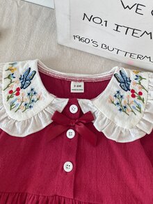 SHEIN Playful Pals 女嬰甜美娃娃刺繡領前扣蝴蝶結寬鬆下擺鬆緊腰直筒長褲長袖套裝 秋季 - 酒紅色 - 查看 4