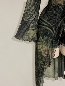 SHEIN ICON 女款大尺碼佩斯利印花前綁帶喇叭袖上衣 - 軍綠色 - 查看 4