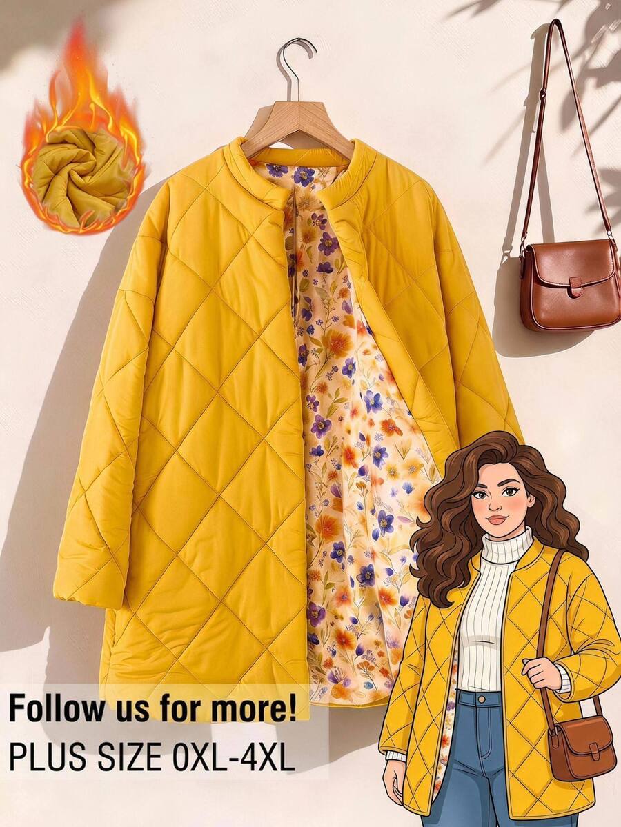 Rusticease Plus Size Women Solid Color Casual Versatile Winter Padded Coat - Yellow - View 1