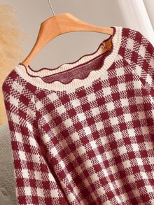 CosyJoli Plus Size Casual 1920s 90s Plaid Sweater, Autumn/Winter Formal Office Burgundy - Burgundy - View 5