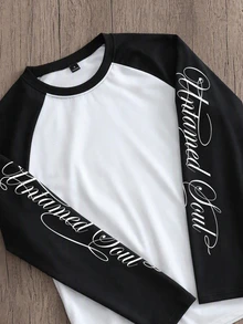 OldRiff Men's Black & White Contrast Untamed Soul Letter Print Raglan Sleeve Long Sleeve T-Shirt, Black & White Contrast Collision Personalized Print, Release Free Soul, Easily Capture Moments - White - View 4