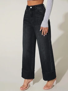 SHEIN PETITE 女款高腰口袋寬腿寬鬆休閒牛仔褲秋季服飾 - 黑色 - 查看 3